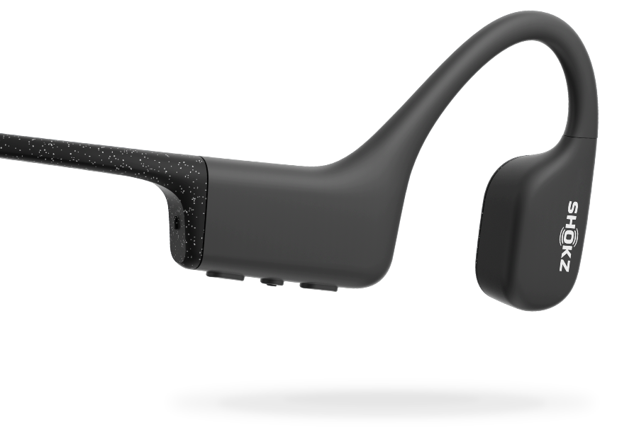 Présentation de l'OpenSwim noir de Shokz, casque MP3 intégré à conduction osseuse.